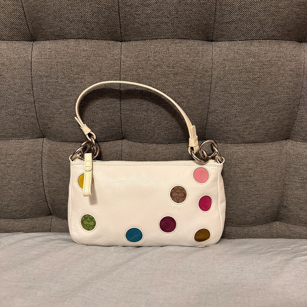 Vintage white leather Coach demi shoulder multicolored polka dot bag